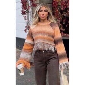 ZARA Boho Cropped Fringe Striped Pull Over Knit Sweater Brown Orange Size Small